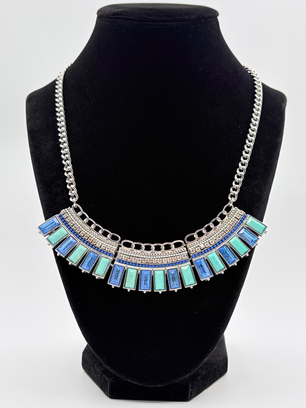 Blue Green Iridescent Statement Bib Necklace Silver Tone Festival